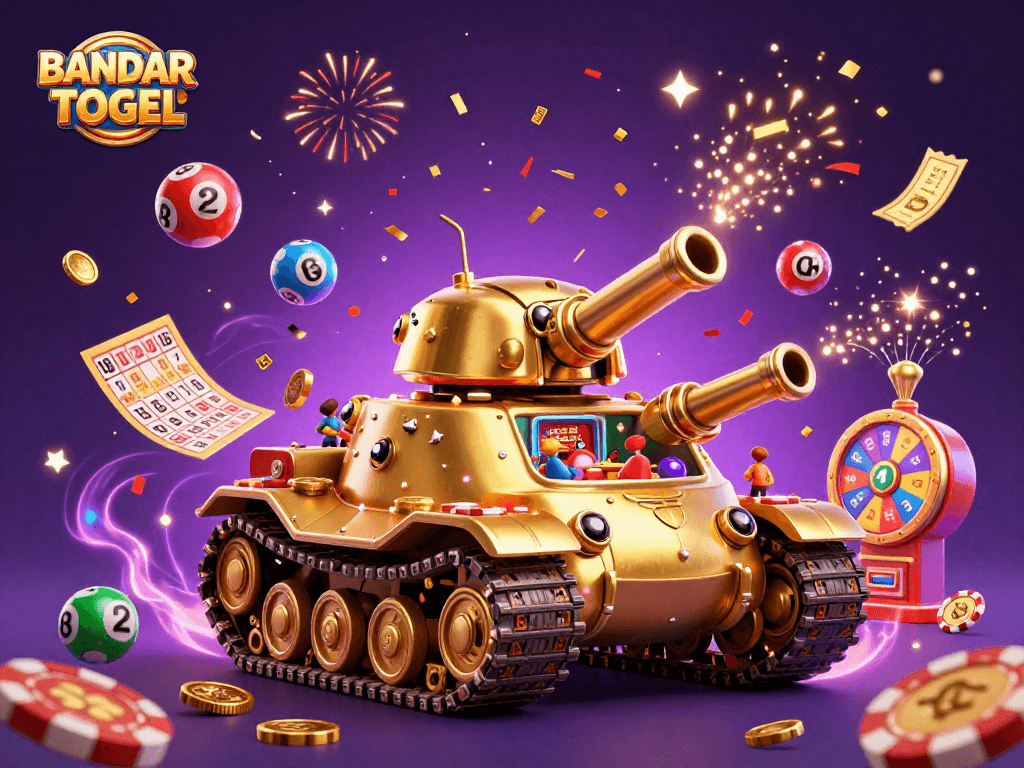 Engage with BANDAR TOTO TOGEL in a vibrant illustration showcasing a casino tank, lottery balls, and celebration effects.