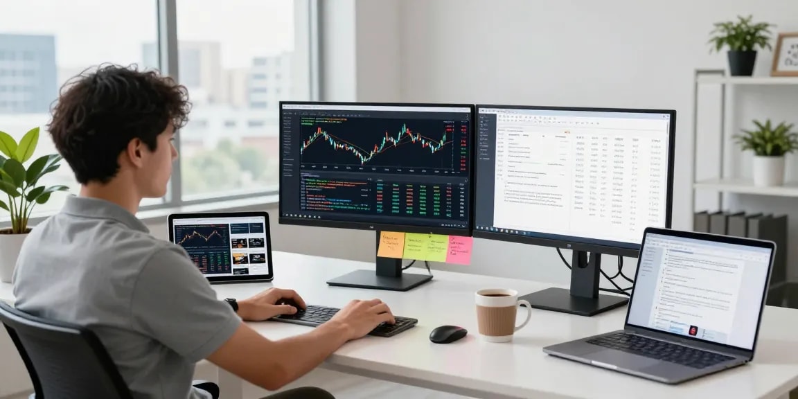 Real-time financial data API being analyzed by a developer in a tech workspace.