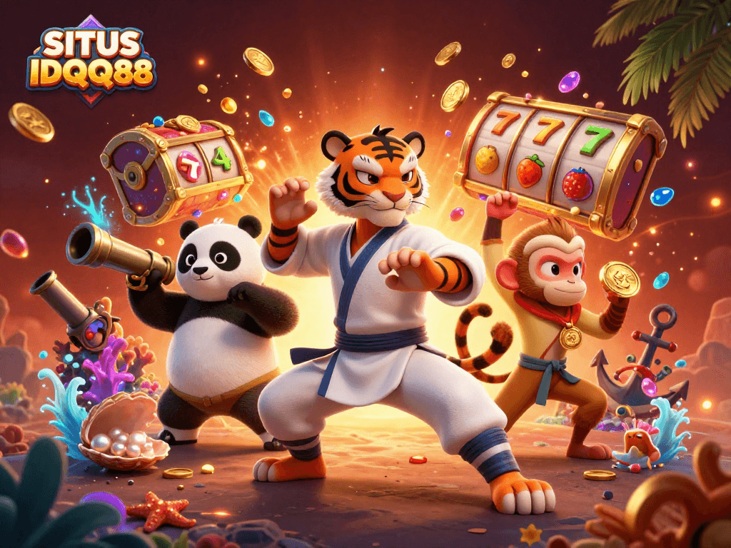 SITUS IDQQ88 showcases a thrilling casino scene with kung fu characters and vibrant slot elements.