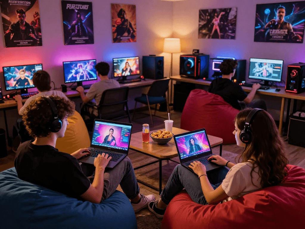 Explore exciting sex games online with friends in a cozy gaming lounge.