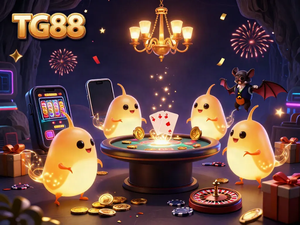 Experience the vibrant TG88 casino scene with glowworms, bioluminescent lights, and a bat dealer in action.