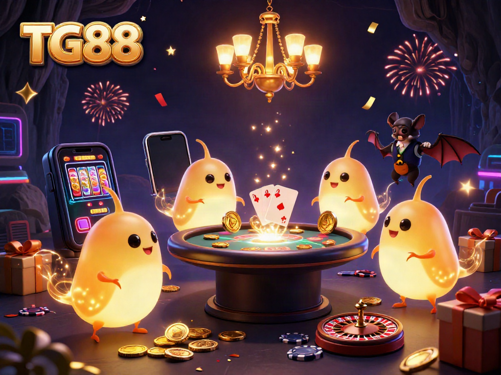 Experience the vibrant TG88 casino scene with glowworms, bioluminescent lights, and a bat dealer in action.