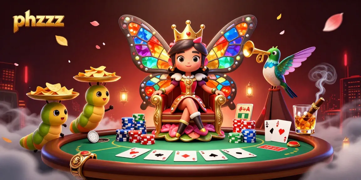 Experience the vibrant phzzz casino scene with a butterfly queen and poker elements.
