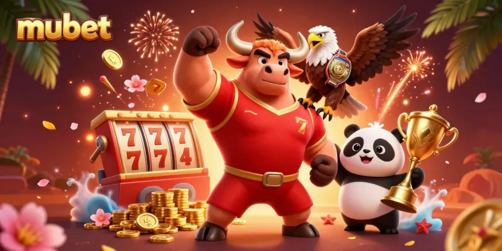Experience excitement with mubet's vibrant 3D casino scene featuring slot reels, golden coins, and playful mascots.