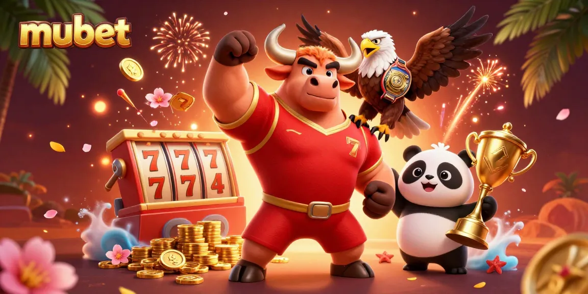 Experience excitement with mubet's vibrant 3D casino scene featuring slot reels, golden coins, and playful mascots.