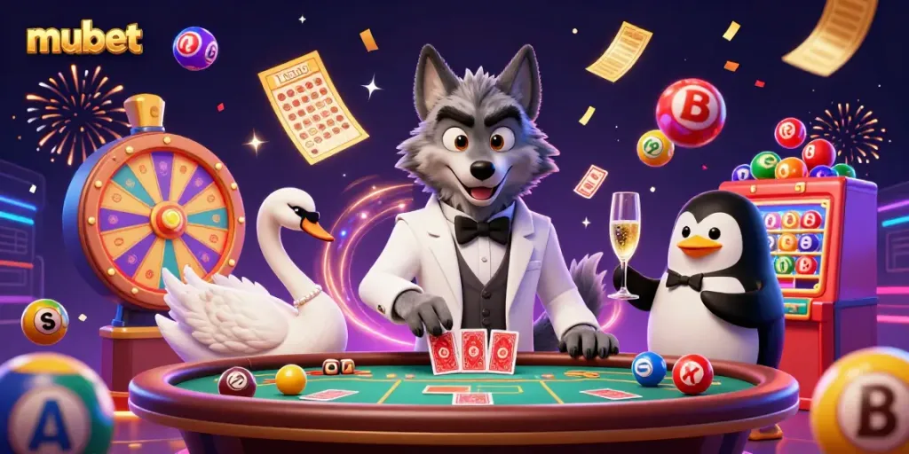 Experience thrilling baccarat at mubet with a debonair wolf, elegant swan, and sophisticated penguin amid vibrant casino elements.