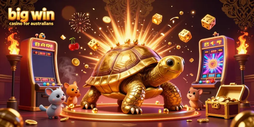 Experience excitement at big win casino for australians with vivid illustrations of dynamic gaming elements and golden characters.