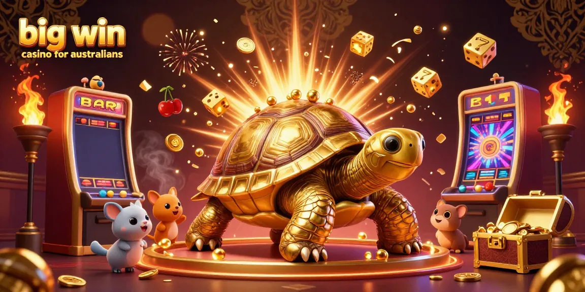 Experience excitement at big win casino for australians with vivid illustrations of dynamic gaming elements and golden characters.