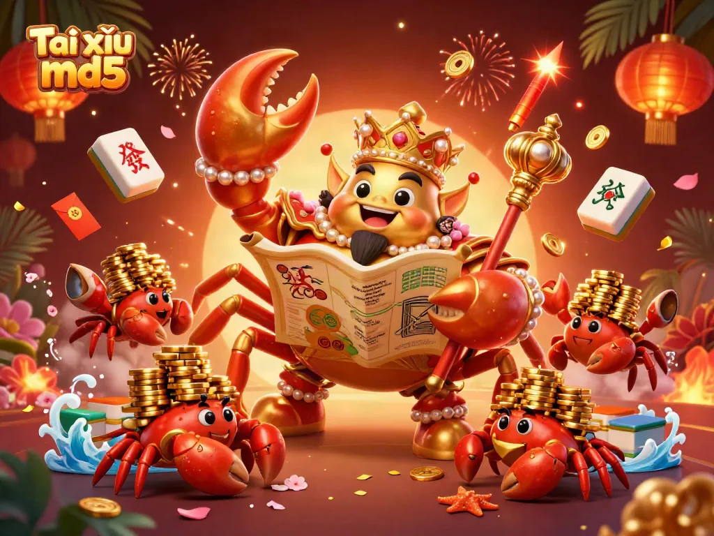 Engage in the thrilling game of Tài xỉu md5 with our golden crab emperor showcasing vibrant fortune elements in a festive atmosphere.