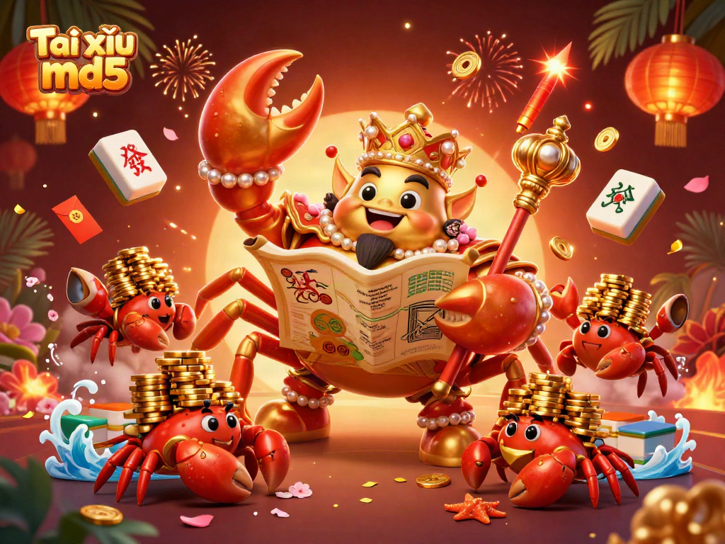 Engage in the thrilling game of Tài xỉu md5 with our golden crab emperor showcasing vibrant fortune elements in a festive atmosphere.