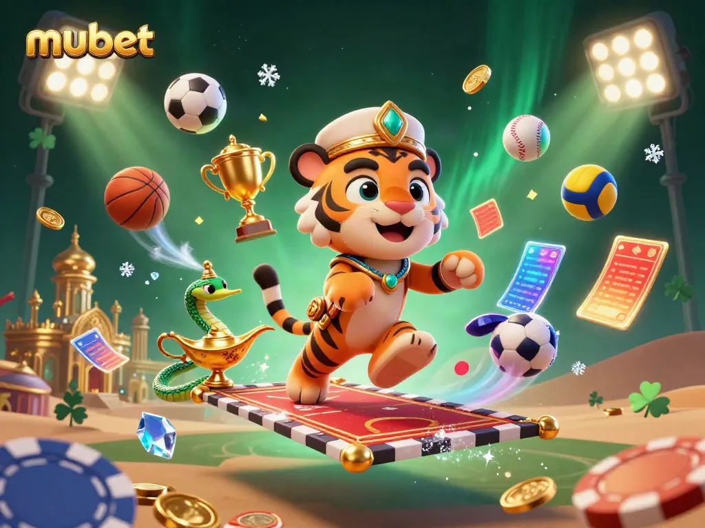 Engage with the dynamic mubet scene featuring a tiger sultan on a flying carpet amidst rich casino elements.