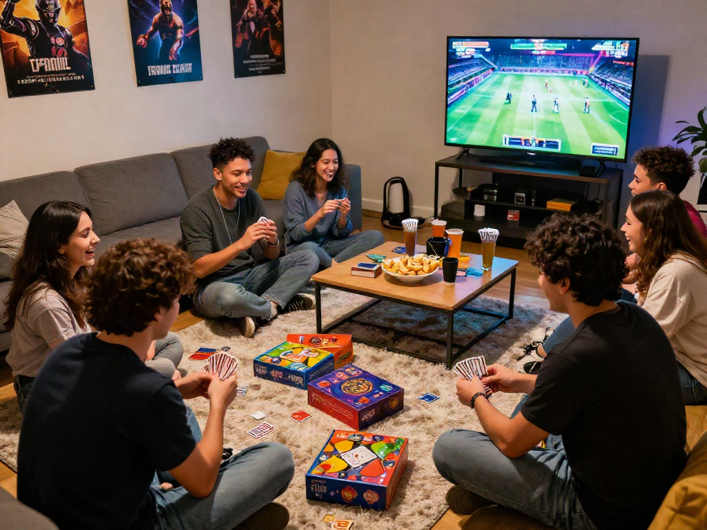 Friends enjoying a lively indoor card game session focused on sex games.
