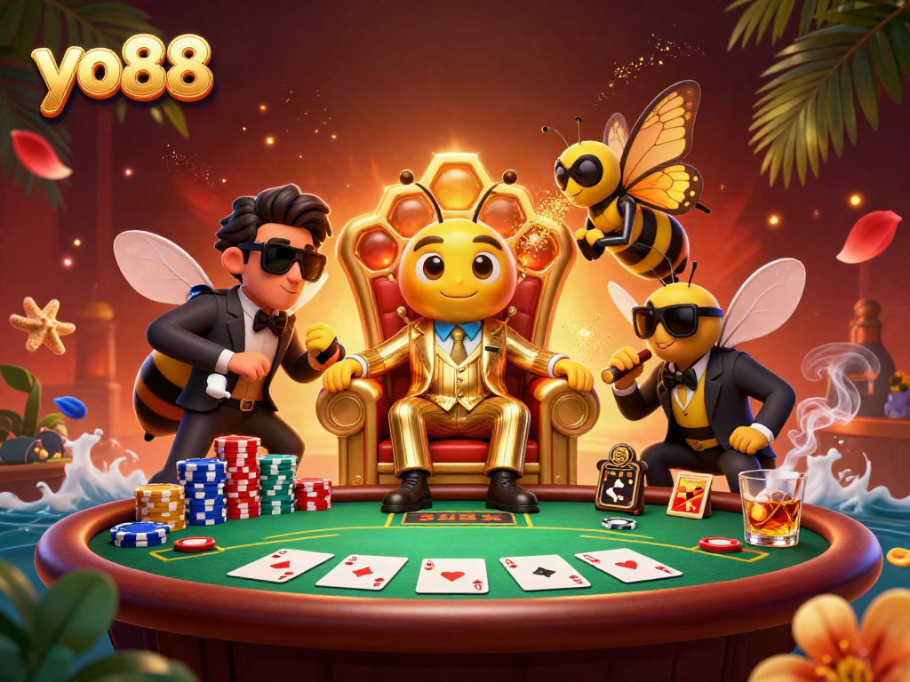 Engage in thrilling poker action at yo88 with a cartoon mob boss and dazzling game elements.
