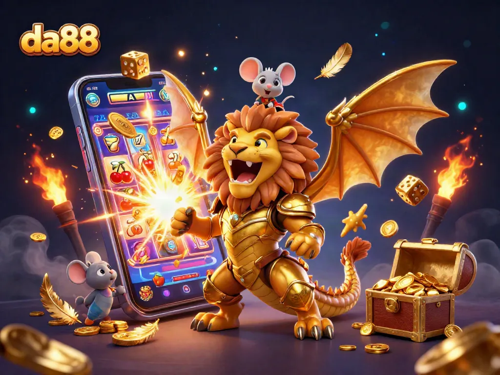 Experience thrilling wins with da88's vibrant casino-themed illustration showcasing jackpots.