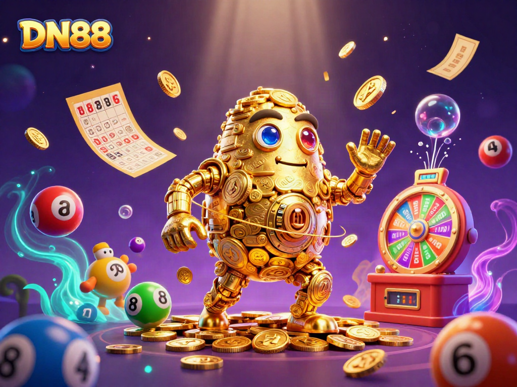 Engage in thrilling gameplay at DN88 with a golden golem amidst exciting lottery elements.