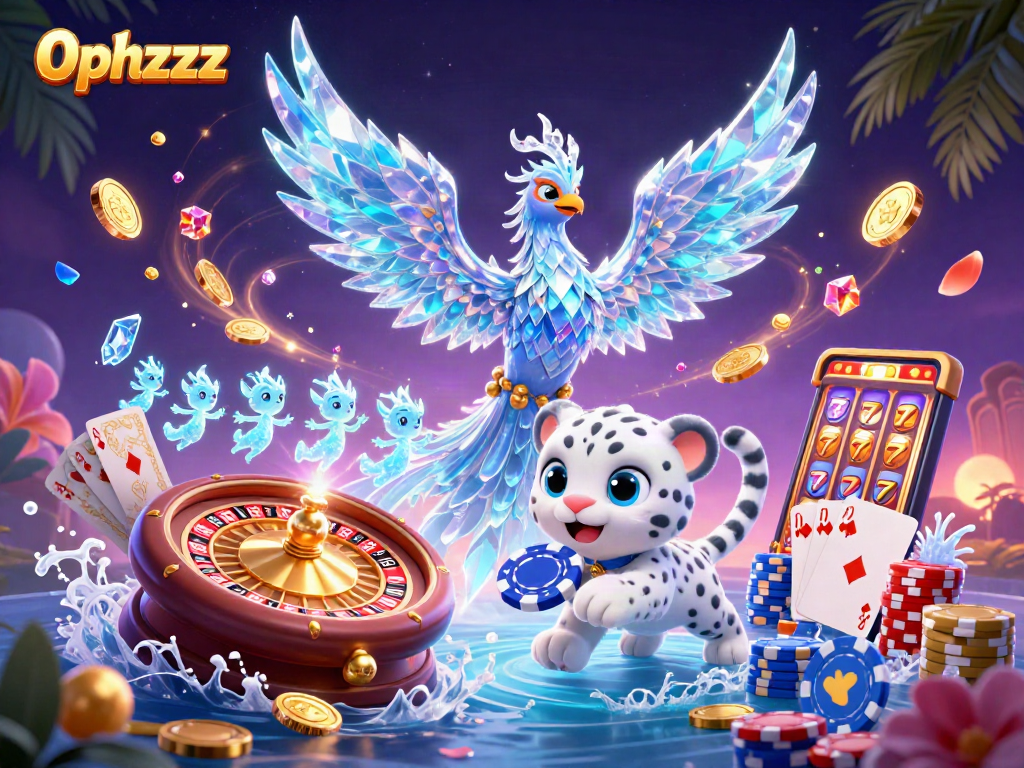 Spin to win with 0phzzz: Enchanted casino scene featuring an ice phoenix, lively sprites, and vibrant poker elements.