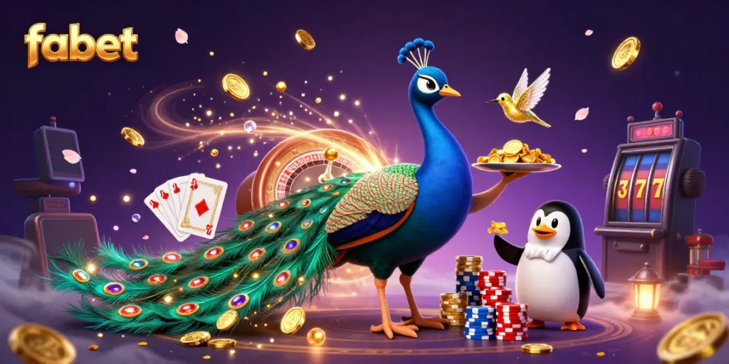 Experience the vibrant world of fabet with animated casino characters amidst cascading golden coins.