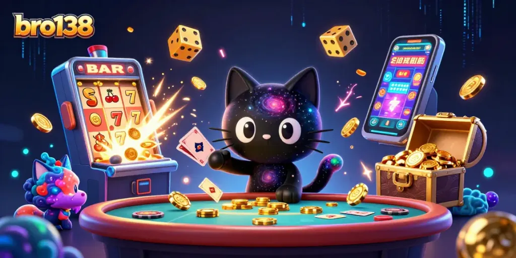 Spin to win with bro138 at a vibrant cosmic casino showcasing colorful characters and jackpot symbols.