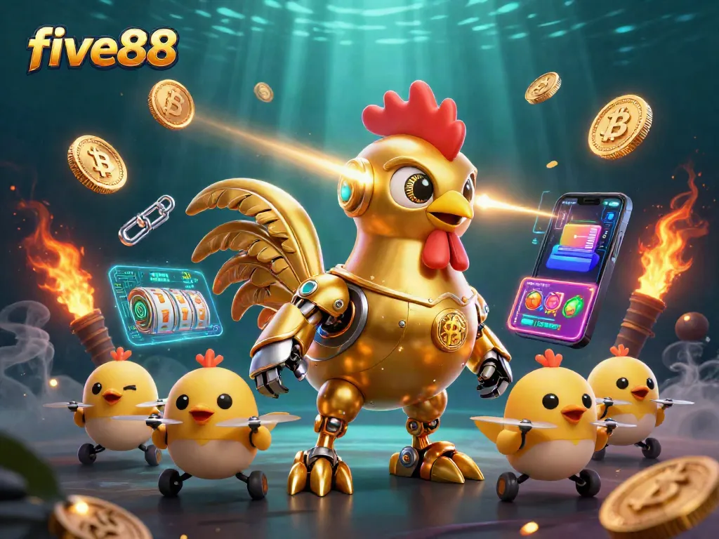 Join the excitement of five88 with vibrant slot games and crypto elements in this dynamic digital illustration.