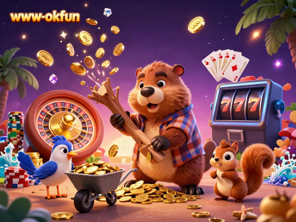 Experience the thrill of gaming at www-okfun with golden coins and vibrant casino elements.