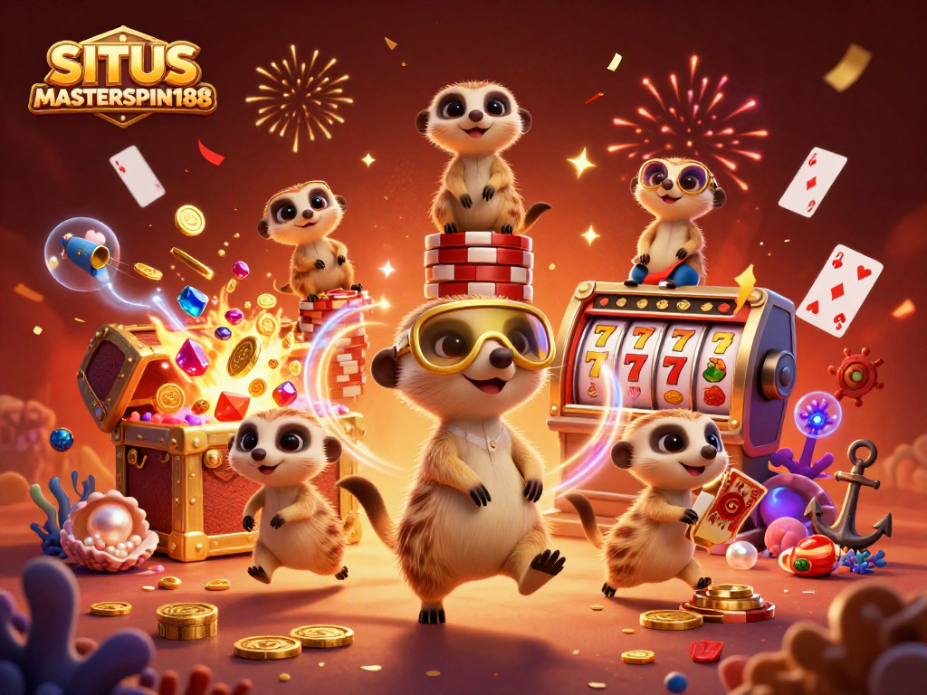 SITUS MASTERSPIN188 showcases meerkats managing a vibrant casino with jewels and lively game elements.