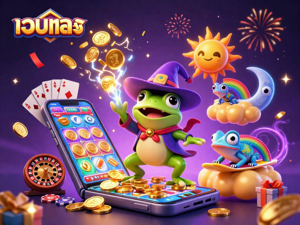 Experience the thrill of เว็บตรง gaming with characters creating golden coin storms in a vibrant casino scene.