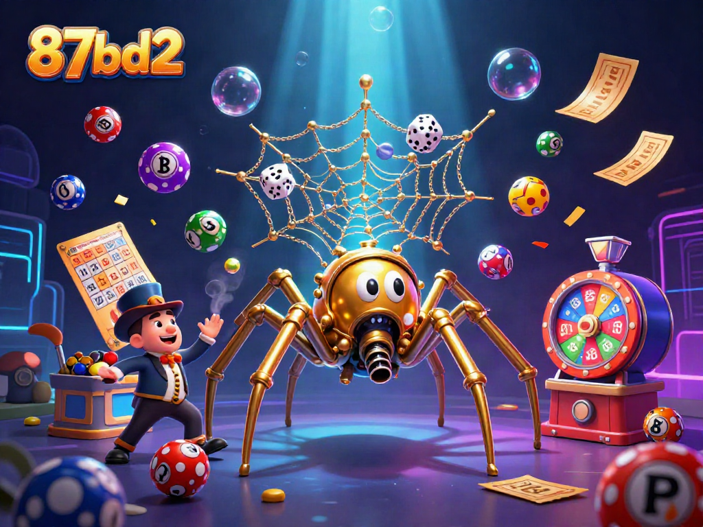 Engage with thrilling gambling action in 87bd2 featuring a steampunk spider and vibrant lottery elements.
