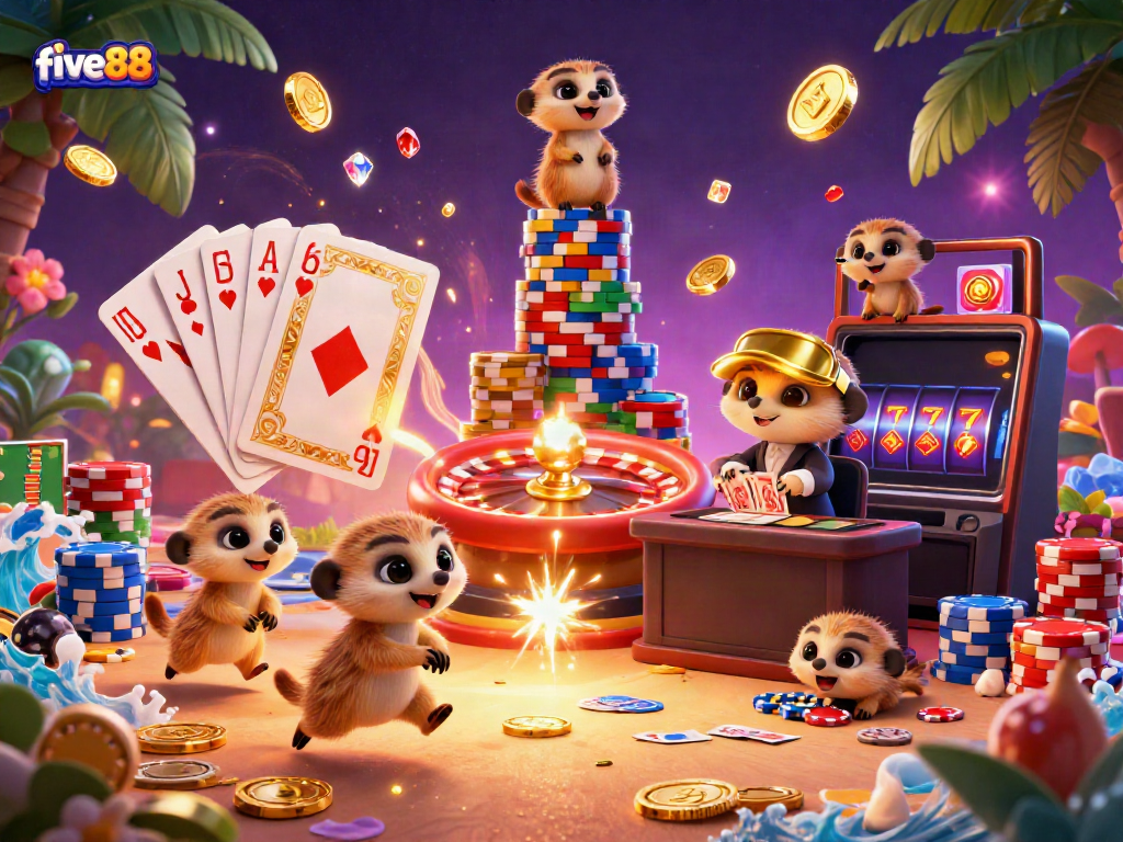 Experience thrilling gaming at five88, where meerkats run an exciting casino with vibrant chips and flashing lights.