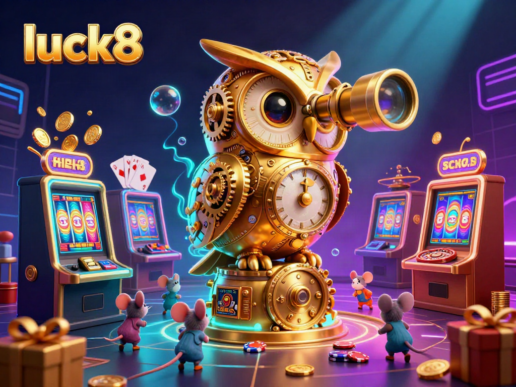 Experience the thrill of luck8 with a vibrant casino scene featuring a clockwork owl and colorful slot games.
