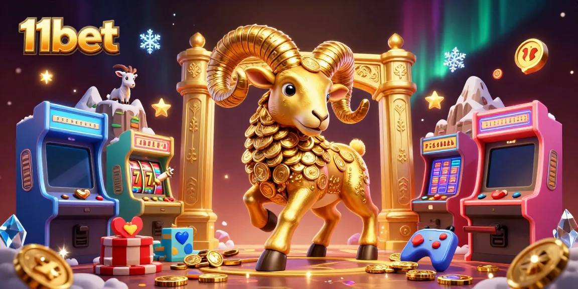 Experience winning excitement with 11bet's colorful casino games and golden rewards in a vibrant 3D illustration.
