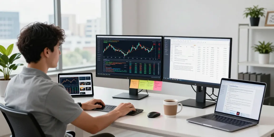Real-time financial data API being analyzed by a developer in a tech workspace.