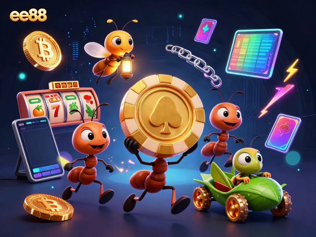 Engaging 3D illustration depicting ee88-themed heist with cartoon ants and poker chips in a vibrant casino environment.