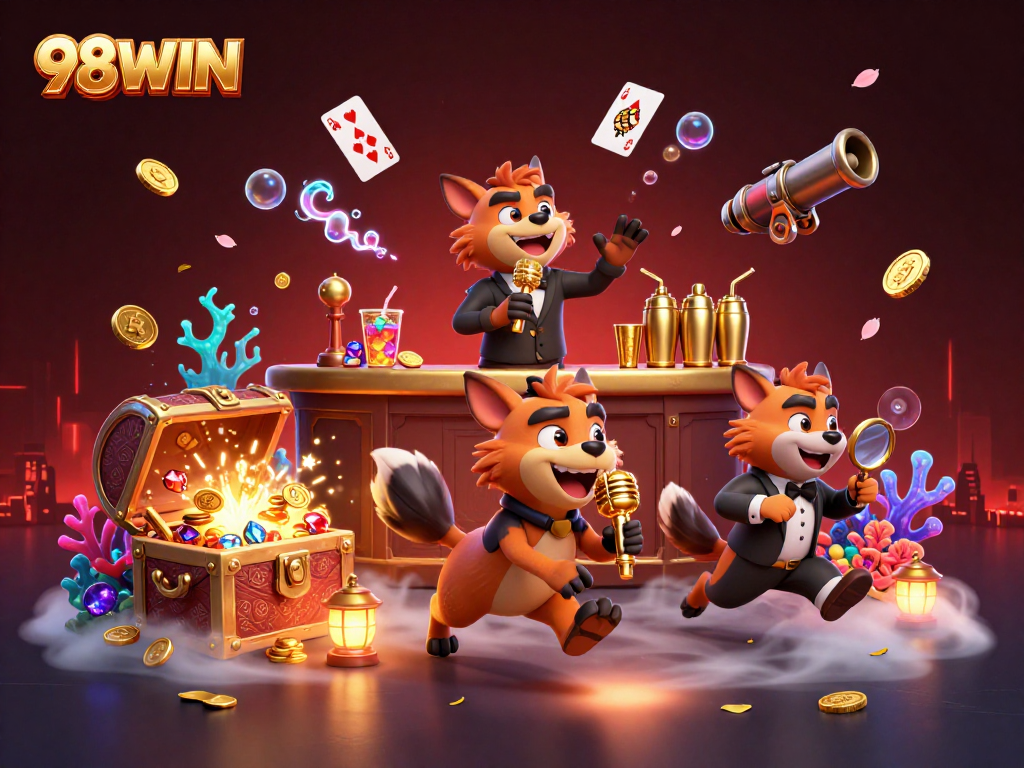 Experience fun at 98WIN with hyenas serving drinks and jokes in this vibrant casino scene.