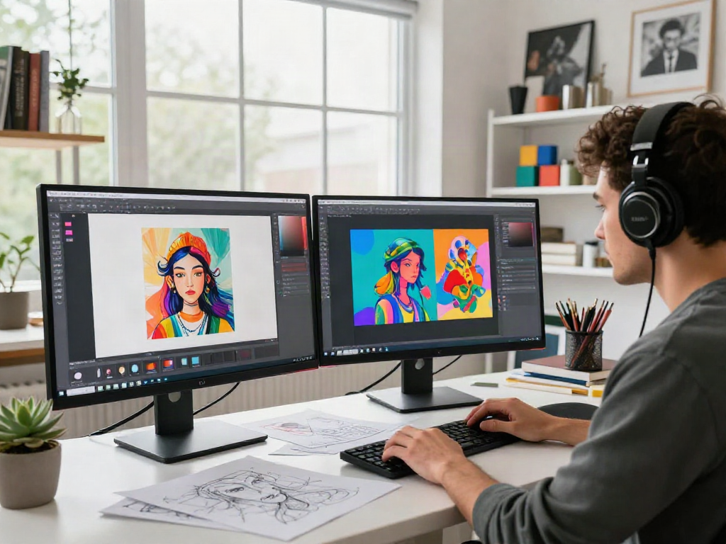 Designer immersed in the image to image digital art transformation process in a vibrant studio.
