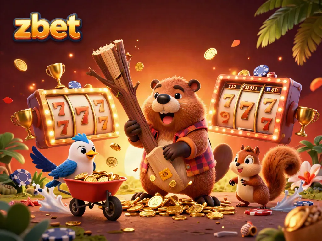 Experience excitement at zbet while a beaver collects golden coins amidst slot reels and poker chips.