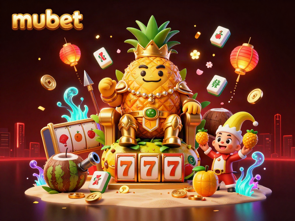 Engage with the vibrant mubet casino scene featuring a golden pineapple king and dynamic game elements.