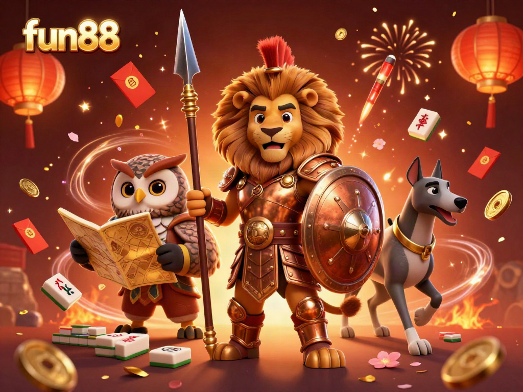 Experience the thrill of fun88 with a dynamic scene showcasing a Spartan lion, owl strategist, and greyhound messenger in a vibrant casino setting.