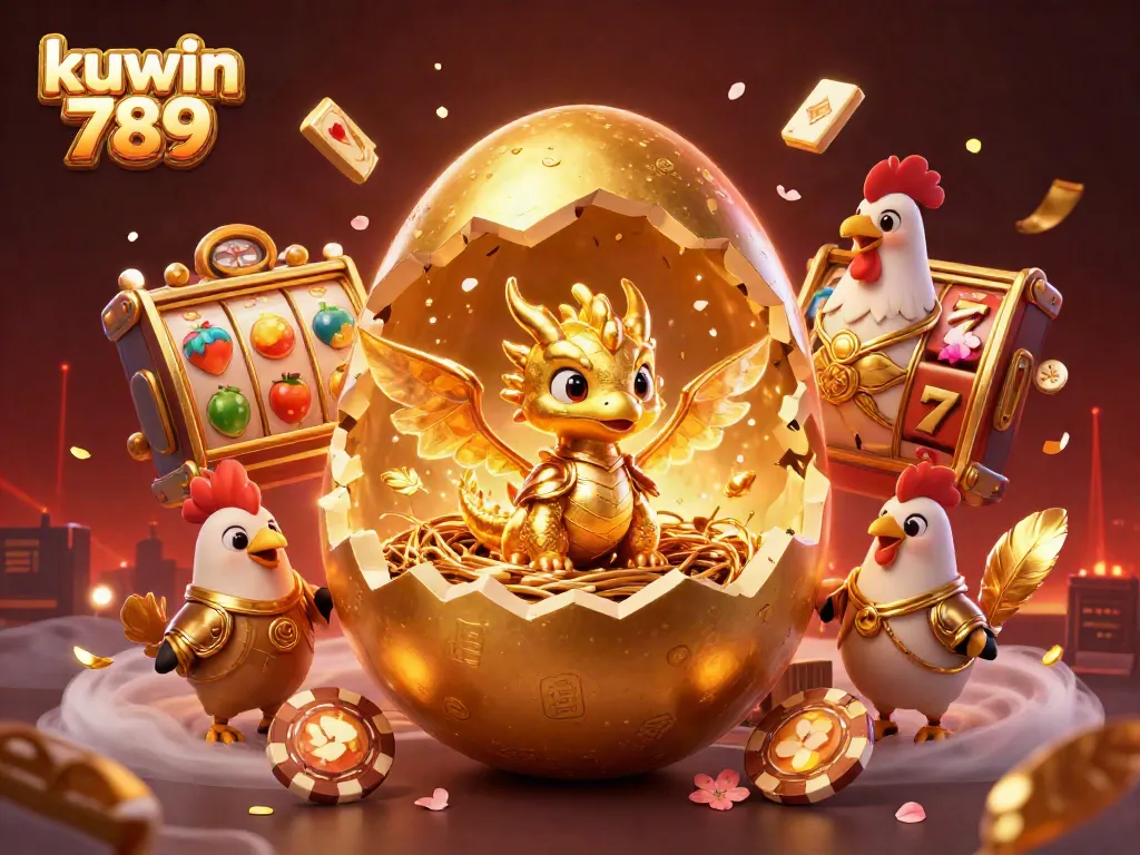 Experience a winning moment with kuwin 789, featuring a golden dragon amidst vibrant casino symbols and dynamic elements.