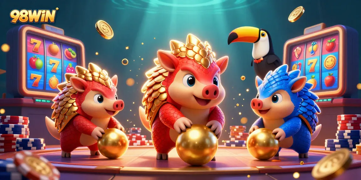 The 98WIN pangolin mascots engage in an exciting slots game amidst vibrant casino elements.
