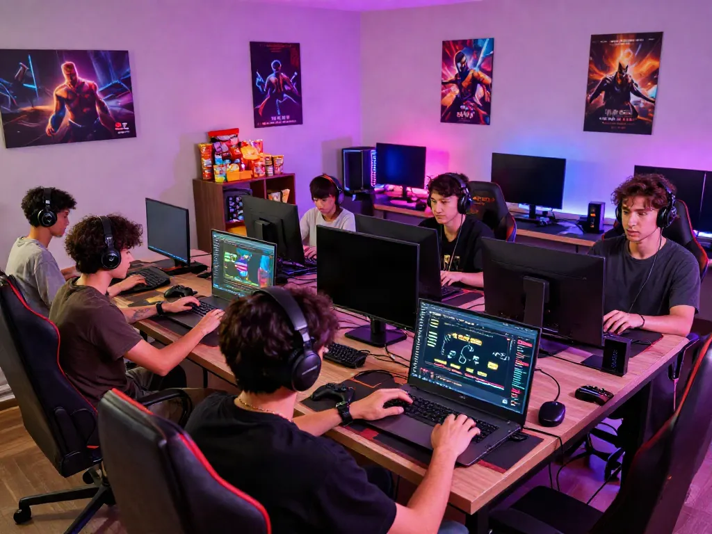 Gamers enjoying A80 online gaming platform in a vibrant, modern gaming room.