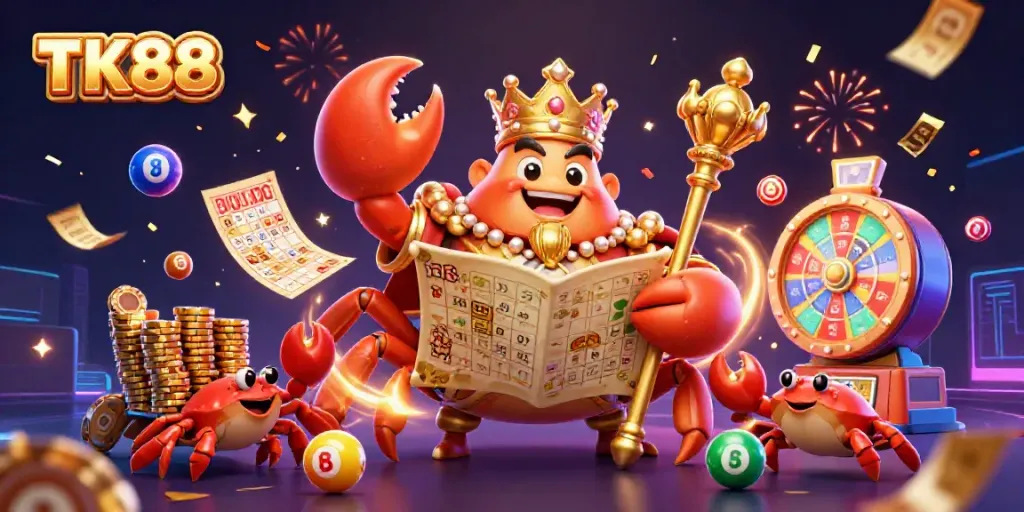 Engage in gameplay excitement at TK88, where a golden crab emperor rules a vibrant casino scene filled with lottery and gaming elements.