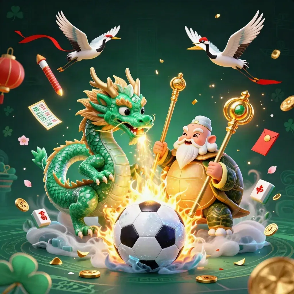Dragon, turtle sage and cranes explode around a soccer ball with casino charms at ground level.