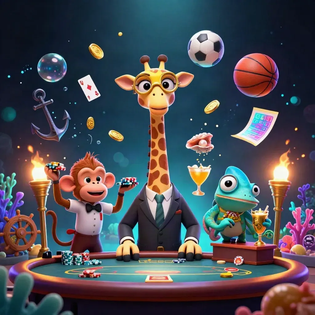 Giraffe, monkey, and chameleon in a neon underwater casino with flying balls, coins, and coral.
