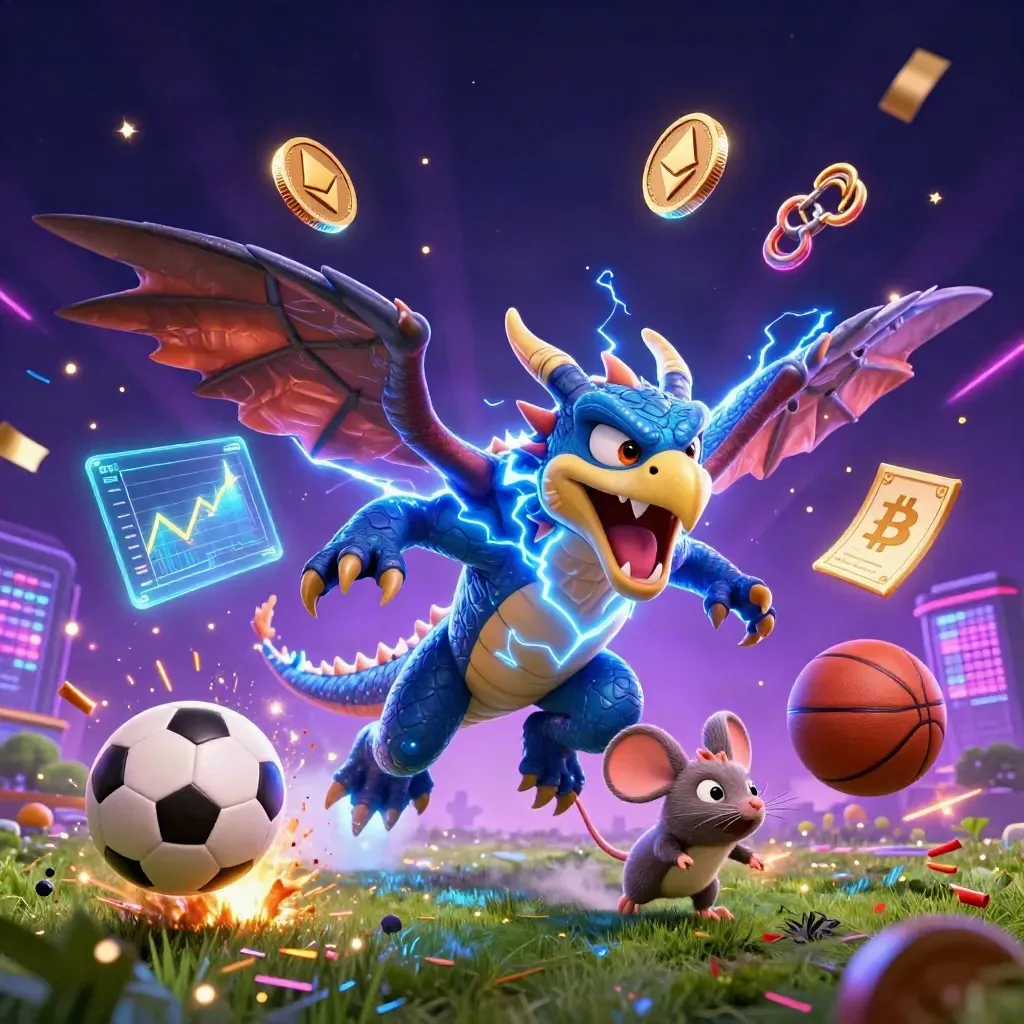 Thunder dragon, hawk and mouse amid sports balls, coins and lightning on a dark neon casino backdrop.