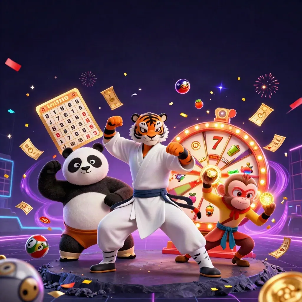 Kung-fu tiger, panda, and monkey amid neon casino effects and treasure bursts.