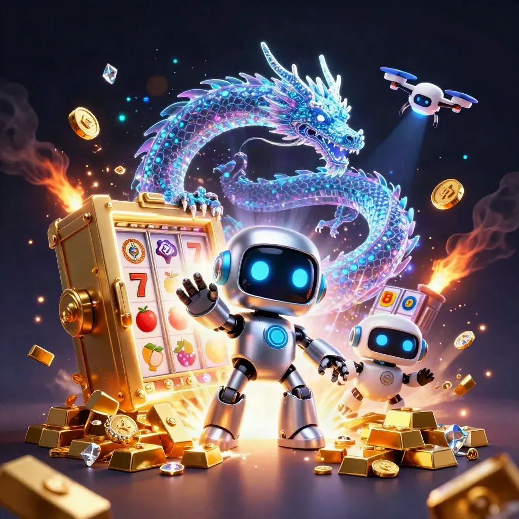Cyberpunk robot, holographic dragon, and coin drone burst from a vault with gold, gems, and violet light.