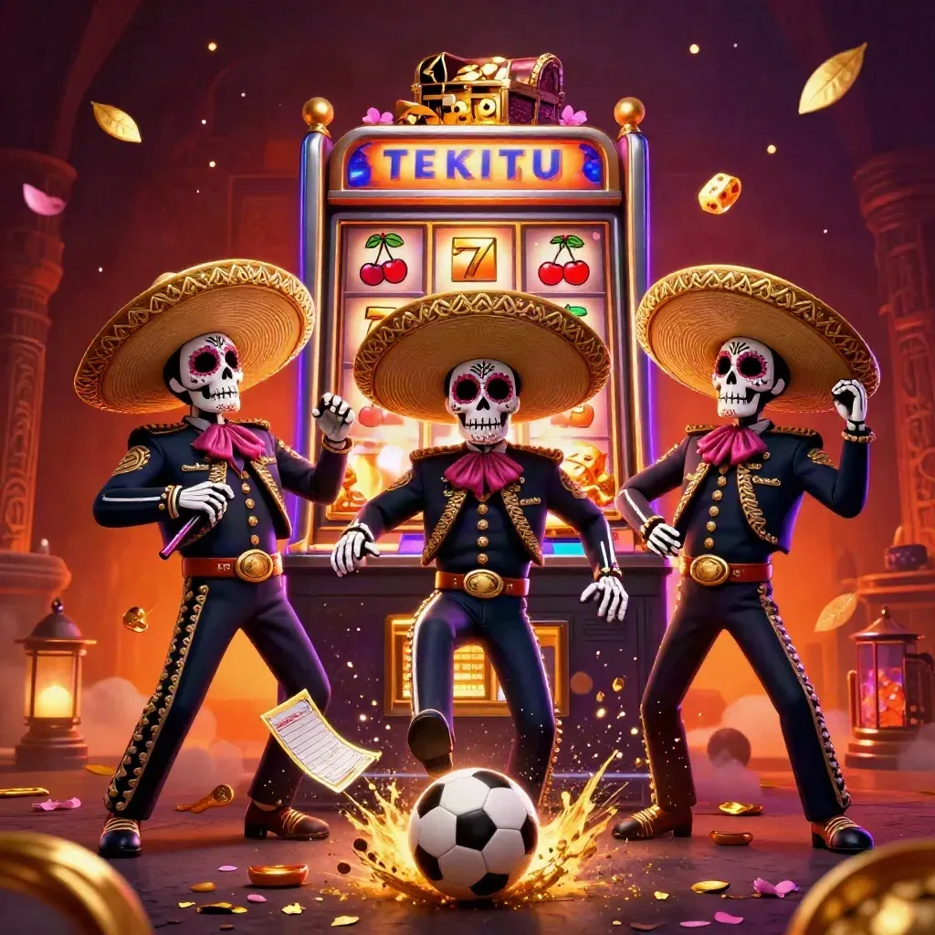 Skeleton mariachi trio amid jackpot burst, soccer ball, gold, and ember-lit twilight casino glow.