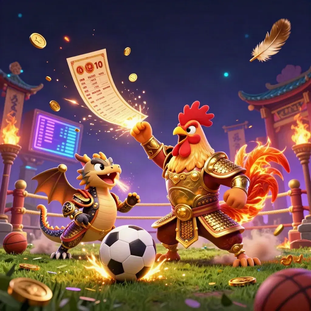 Armored rooster, dragon hatchling, and fortune-cat amid coins, sparks, balls, and temple gate.