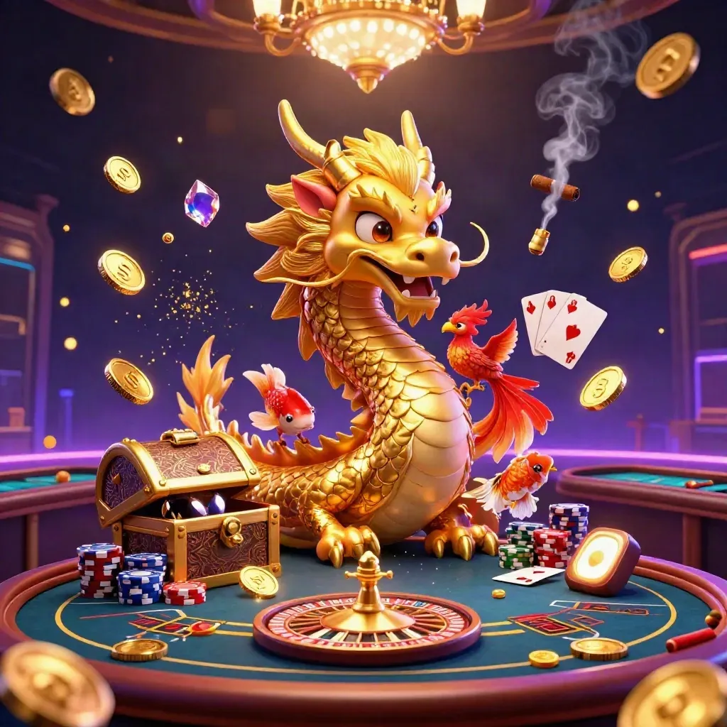 Golden dragon and phoenix amid roulette wheel, coins, gems, and luxe neon casino glow.