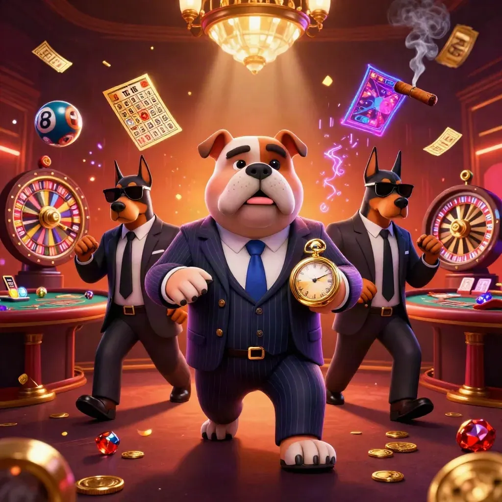 Cartoon bulldog boss and Dobermans amid casino lights, wheels, lottery balls, and gold glow.